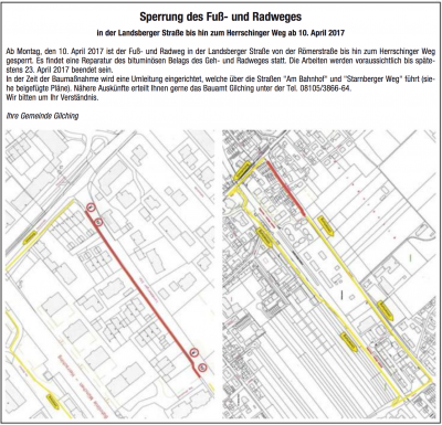 Ankündigung der Gemeinde Gilching zur Sperrung des Fußwegs und zur offiziellen Umleitung