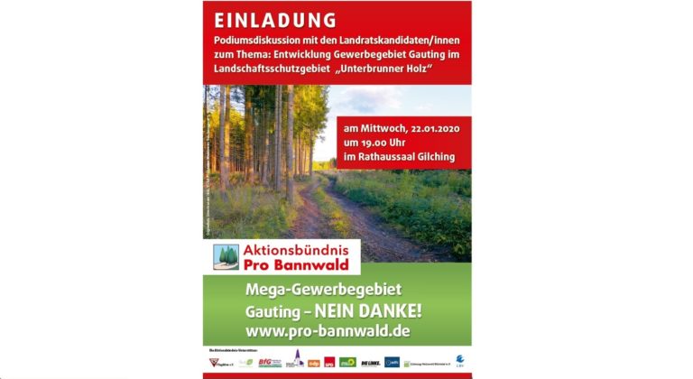 Podiumsdiskussion mit allen Landratskandidat*innen zum Thema „Entwicklung Gewerbegebiet Gauting im Landschaftsschutzgebiet Unterbrunner Holz“