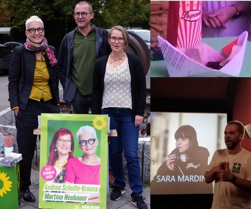 Martina Neubauer, Jeroen und Anja am Infostand vor dem Kinofilm
