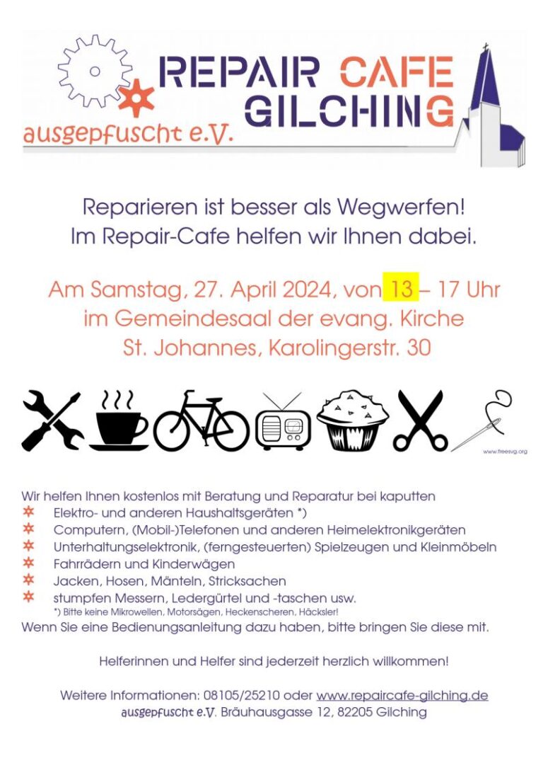 Repair Café am Samstag den 27.4./13 bis 17 Uhr (St. Johannes, Karolingerstr. 30)