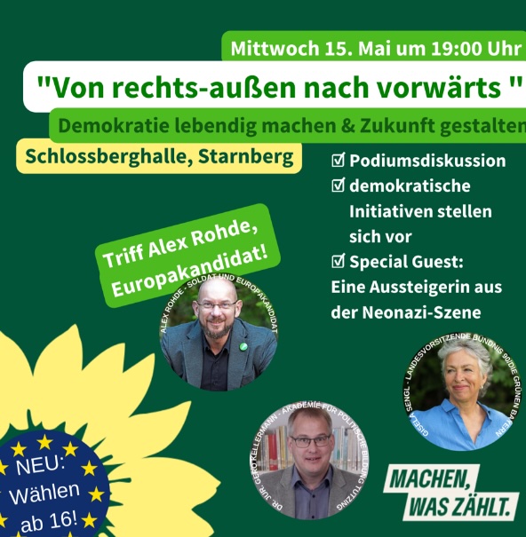Kreisverband Bündnis 90/ Die Grünen lädt ein: Veranstaltung „Von rechts-außen nach vorwärts“ (Schlossberghalle Starnberg, 15.5./19 Uhr)