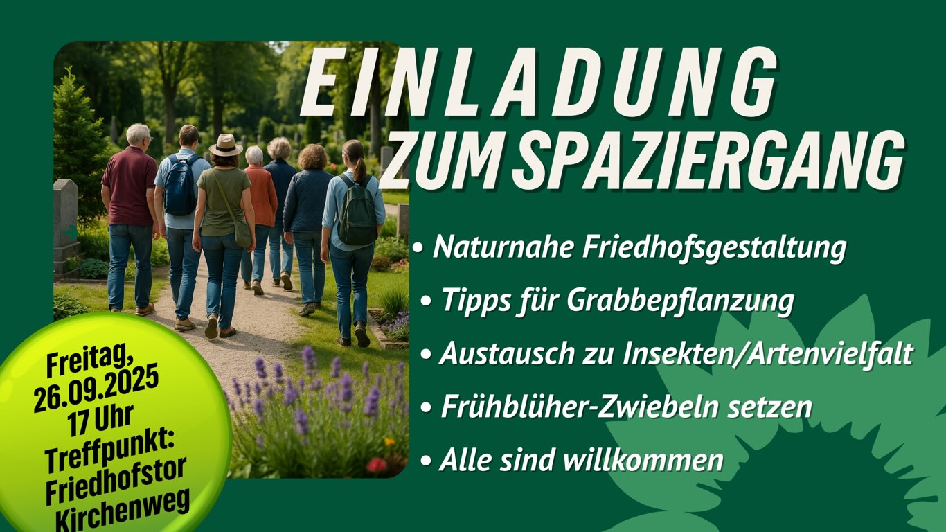 Plakat mit Titeltext rechts und Gruppe von Spaziergängern von hinten in Park-Umgebung