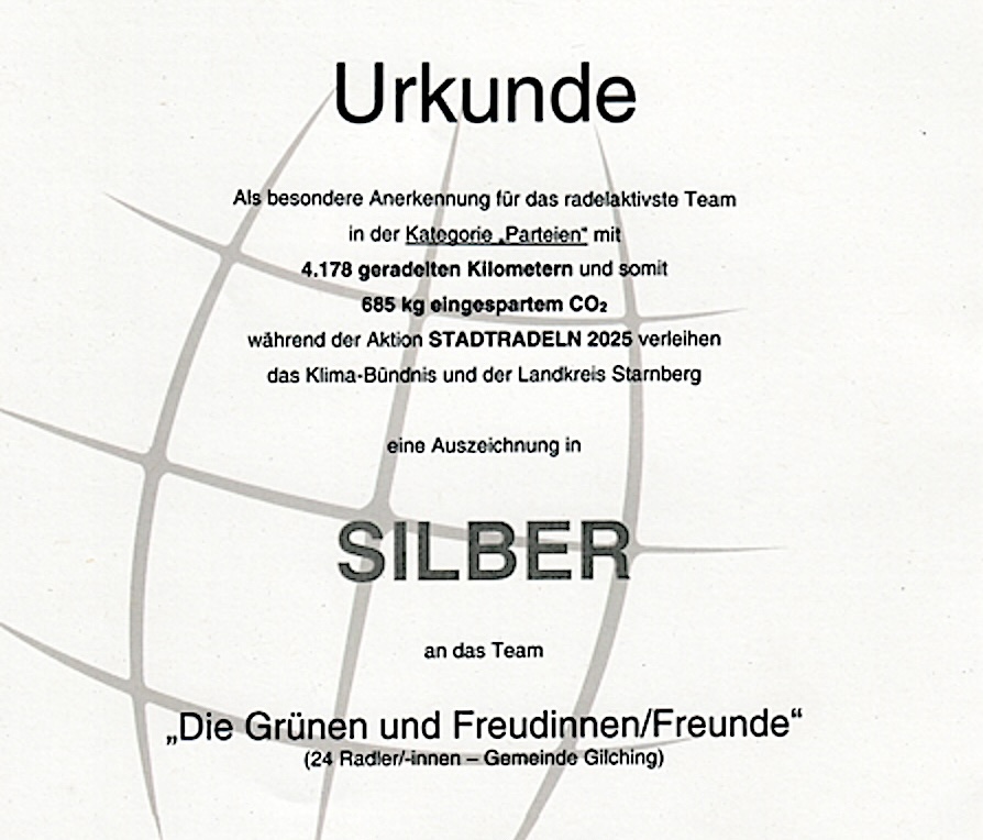 Ausschnitt der Urkunde mit der Auszeichnung Silber für Grüne Gilching und Freunde