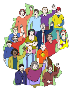 Grafik: Deutschland-Karte gefüllt mit vielen unterschiedlichen winkenden Menschen (© Lebenshilfe für Menschen mit geistiger Behinderung Bremen e.V., Illustrator Stefan Albers)