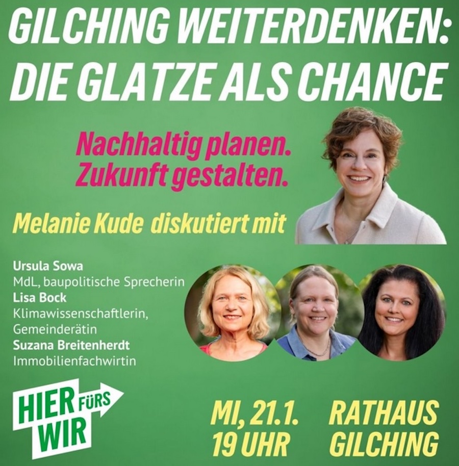 Plakat zur Veranastaltung: Gilching Weiterdenken - die Glatze als Chance. Mit Fotos der Teilnehmenden: Melanie Kude, Dr. Lisa Bock, Suzana Breitenherdt und Ursula Sowa