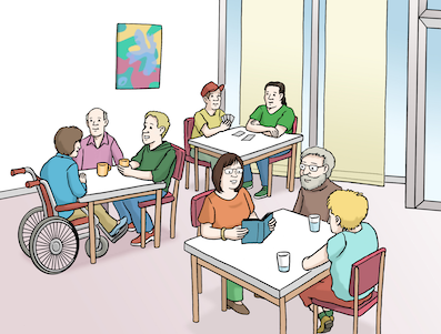 Grafik: Gemeinschaftsraum mit Tischen, an denen Menschen sitzen und unterschiedliche Freizeit-Aktivitäten unternehmen.
(© Lebenshilfe für Menschen mit geistiger Behinderung Bremen e.V., Illustrator Stefan Albers)
